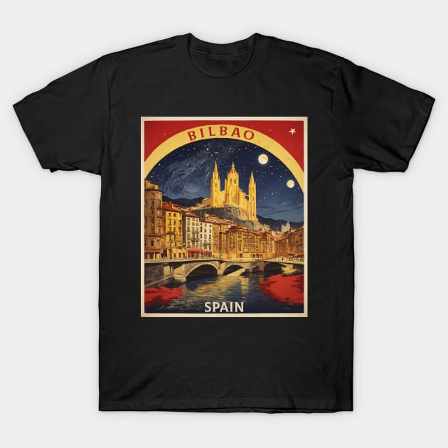 Bilbao Starry Night Spain Travel Tourism Retro Vintage T-Shirt by TravelersGems